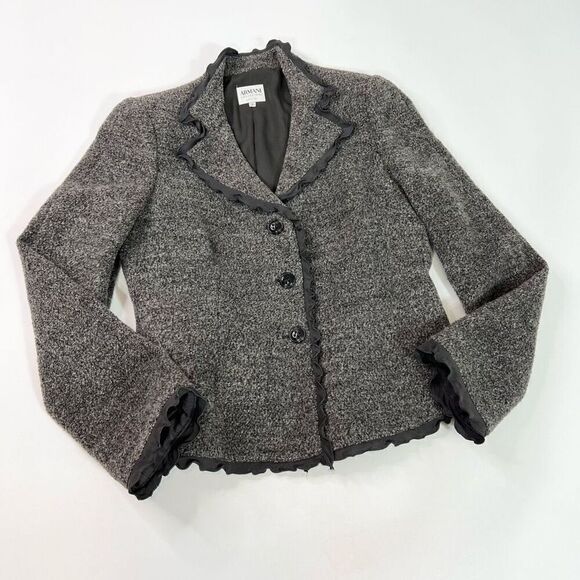 Armani Collezioni Jacket Womens 10 Gray Black Wool Alpaca Tweed Ruffle Academia - Picture 1 of 11